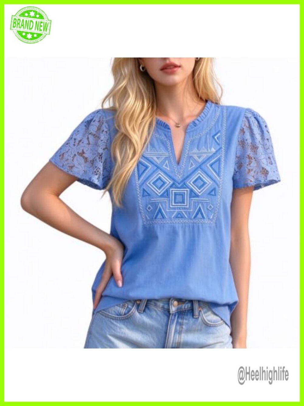 Boho Embroidered Cotton V-Neck Blouse Lace Flutter Sleeve Peasant Top
